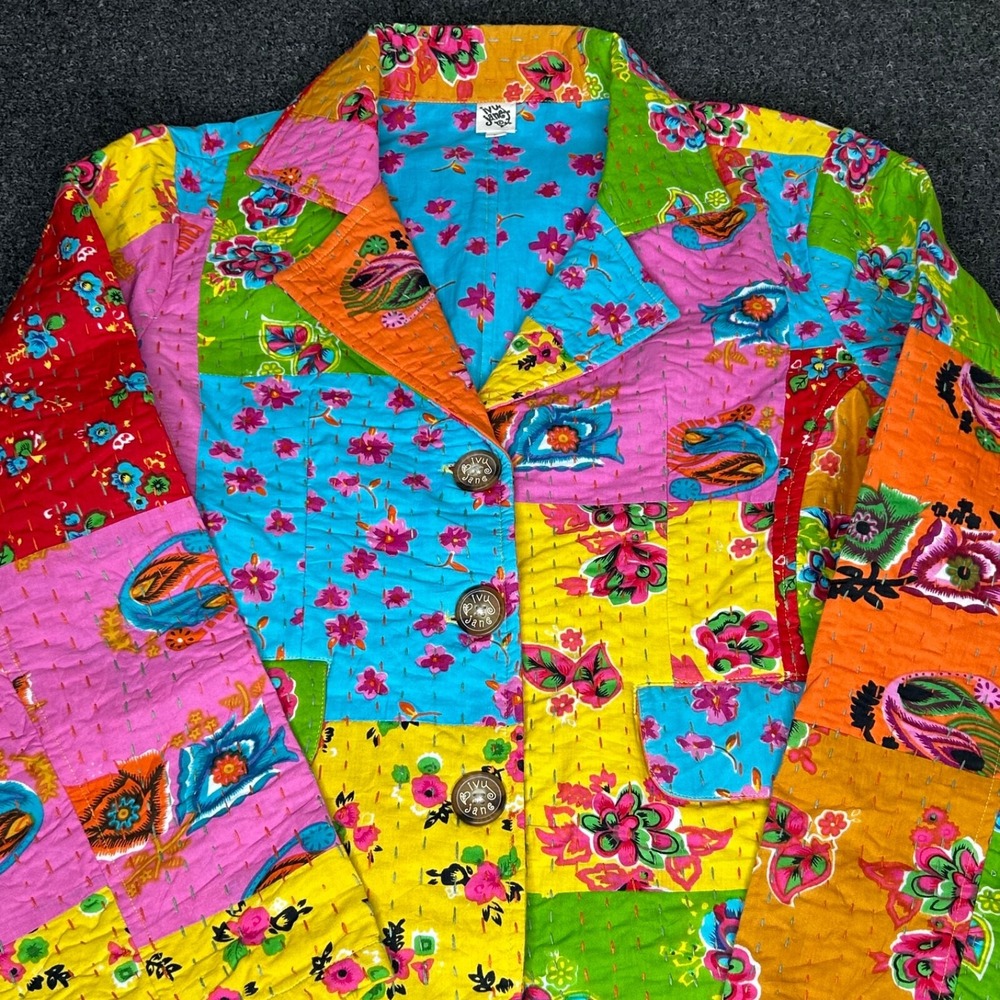 Ivy Jane Kantha Stitched Patchwork Blazer Size Lg Floral Quilted Colorful Mint